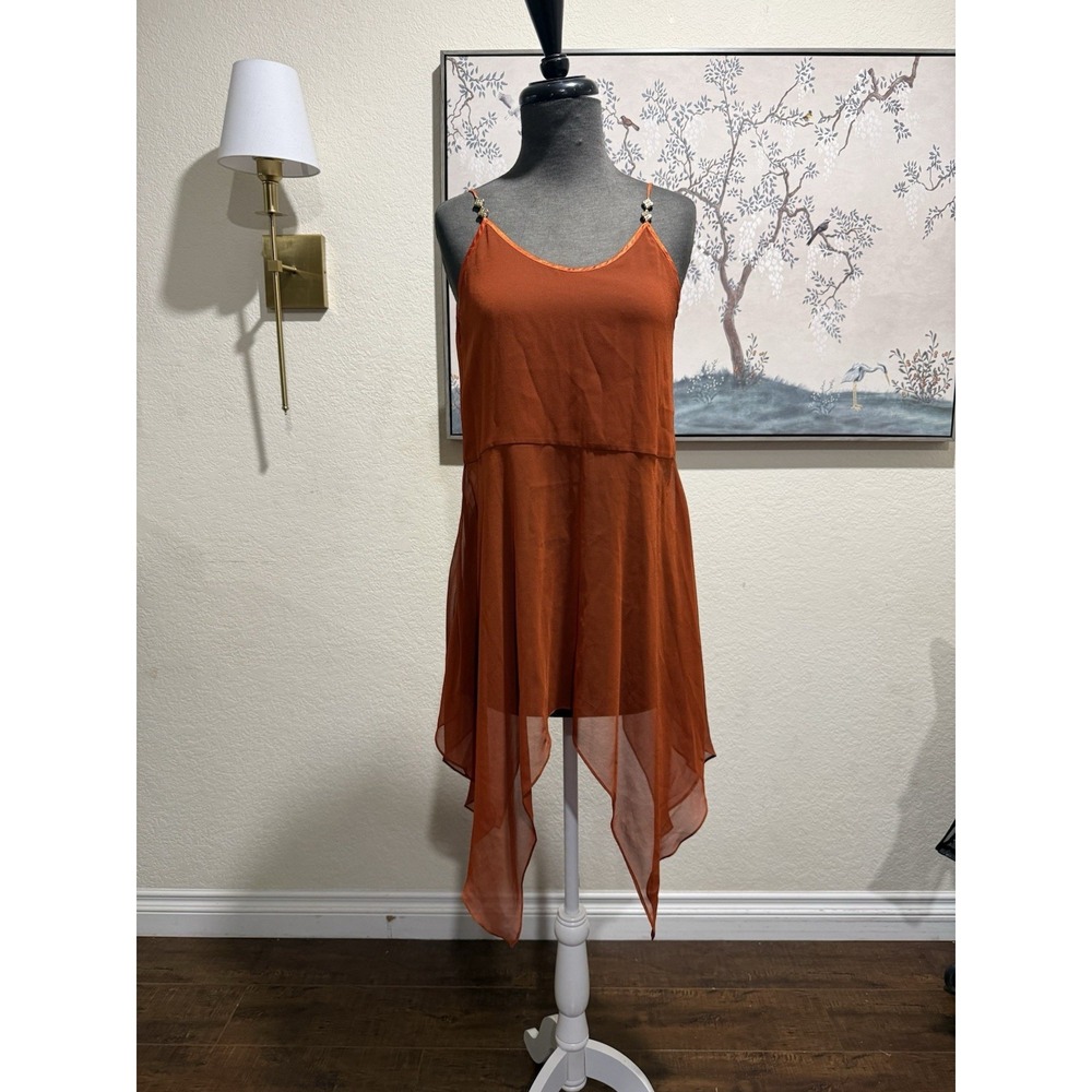 Sheer Orange Chiffon dress  Beaded Strappy Sleeveless Round‎ Neck M